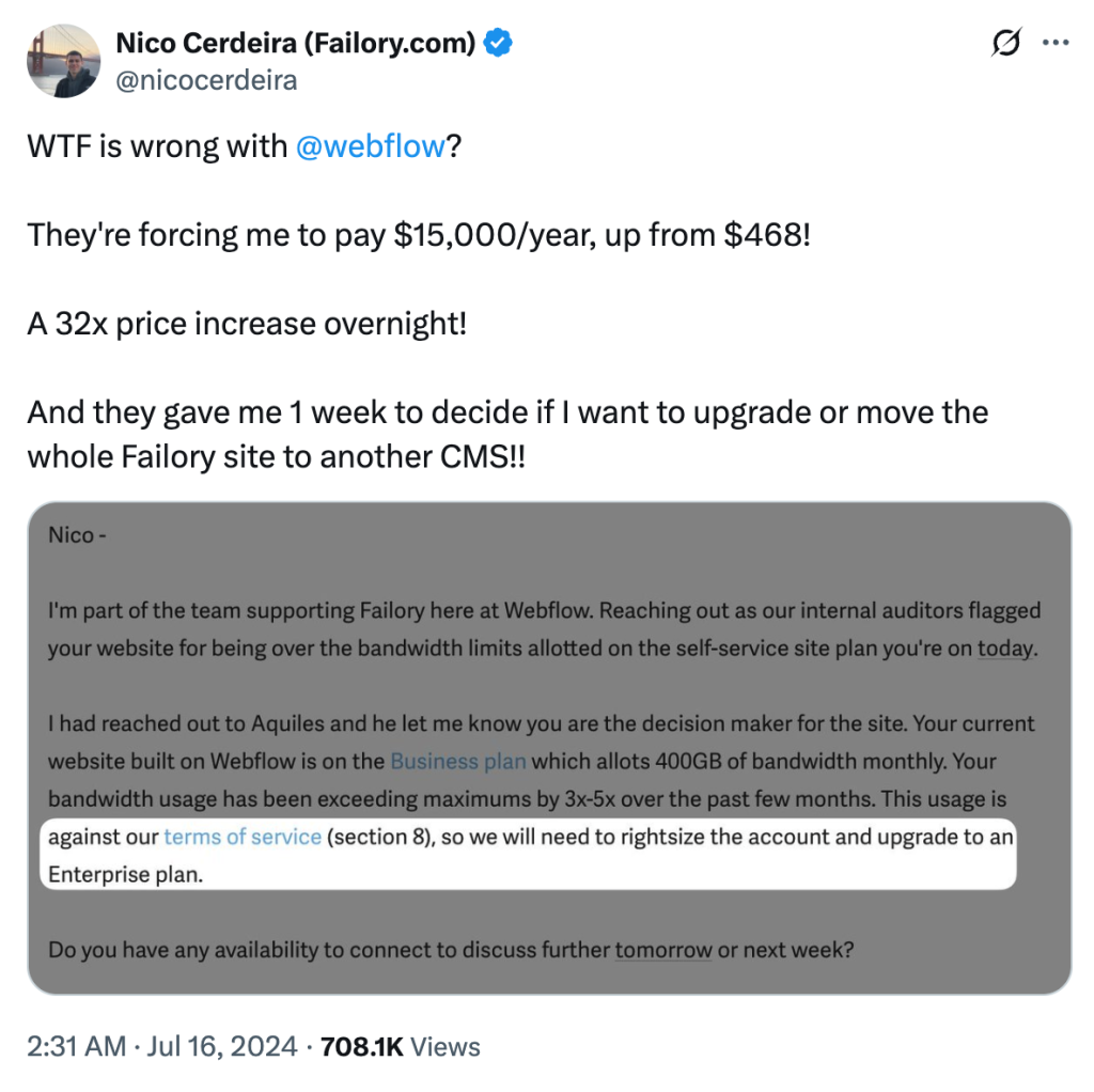 Failory.com complaint on Webflow price increase