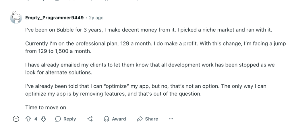 User complaint on Bubble price increase